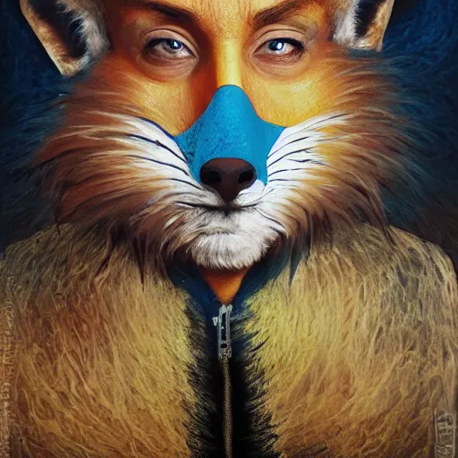 Image similar to zoolander is a grandma wearing fox mask feeds zazpi sei crayons, hair armpits, by emedios varo and anato finnstark, hyperrealism, 8 k, hyperrealism, masterpiece, wet, dripping, moist, fluids, texture, captivating, awe inspiring