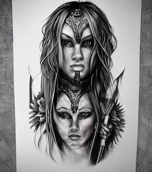 Image similar to tattoo design of a hyper realistic beautiful girl warrior, hyper detailed, inspired by eliot kohek, on white background