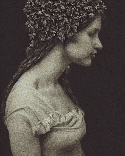 Image similar to a woman's face in profile, long hair made of intricate decorative ivy, in the style of the dutch masters and gregory crewdson, dark and moody