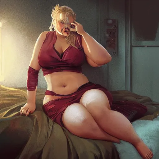 Prompt: a very fat margot robbie sitting in a messy room and burping because she ate too much pizza and junk food, green gas coming from her mouth, fantasy art, illustration, amazing detail, in the style of greg rutkowski, artgerm, cgsociety