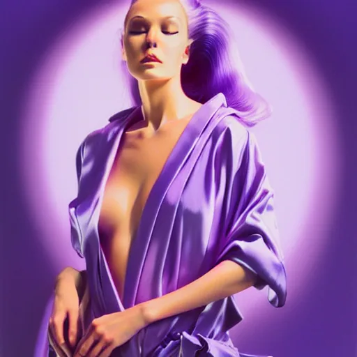 Image similar to woman wearing a light purple silk robe, blue sky, art by peter lloyd, art by peter palombi 1 9 8 0, airbrush style, art by hajime sorayama,, intricate, elegant, sharp focus, illustration, highly detailed, concept art, matte, sharp focus, illustration, highly detailed, concept art, h 6 4 0