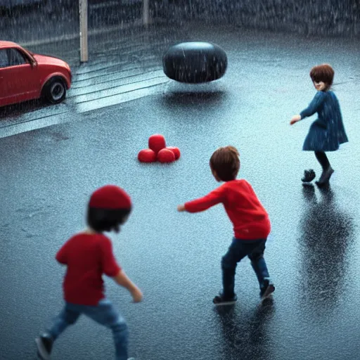 Image similar to kids playing at playground in the middle of rainy day. photorealistic, hyperrealistic, cinematic, artstation, octane render, unreal, 8 k