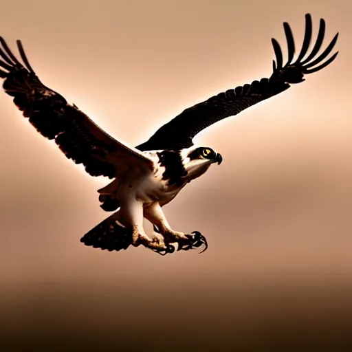 Image similar to a modern, dynamic graphic logo of a fearsome osprey in flight