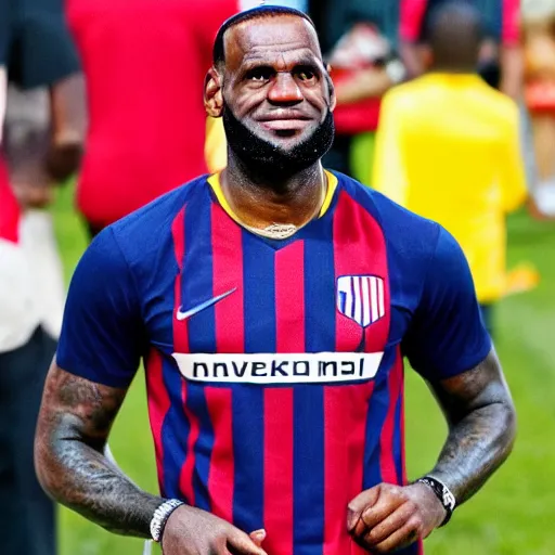 Image similar to lebron james wearing atletico de madrid soccer shirt