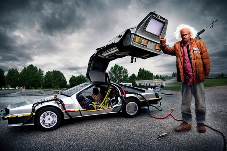 Prompt: doc brown working construction, building a delorean, back to the future, in the style of erik johansson