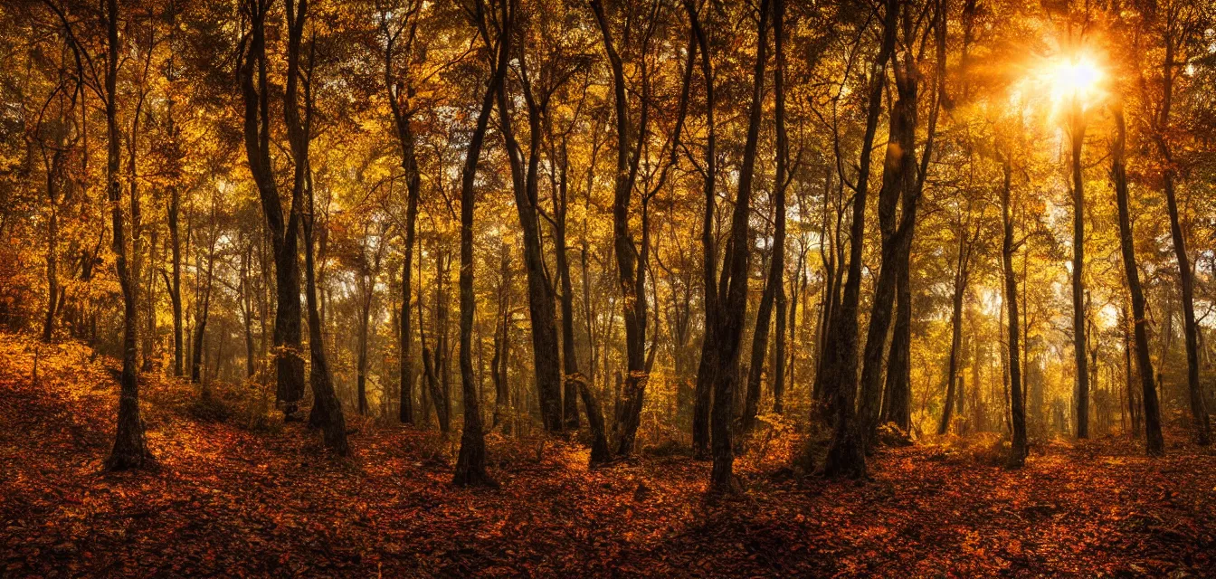 Image similar to bodyscapes. intense promiseful happiness, autumn sunrise warm hdri forest light