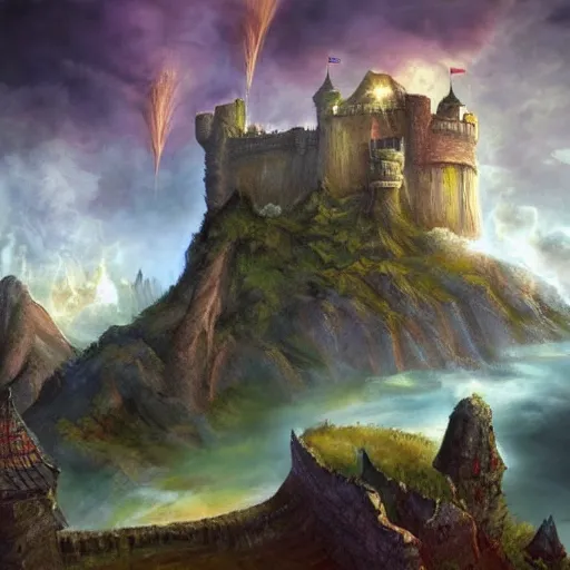 Image similar to a castle on a flying island, masterpiece, flying island on the sky, magic the gathering coloring style, epic fantasy style art, fantasy epic digital art, epic fantasy card game art