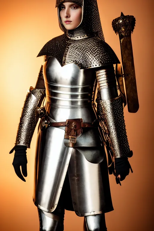 Image similar to glamour medieval female knight, designed by gucci, luxury materials, symmetrical, cinematic, elegant, professional studio light, real dlsr photography, sharp focus, 4 k, ultra hd, sense of awe, medieval high fashion