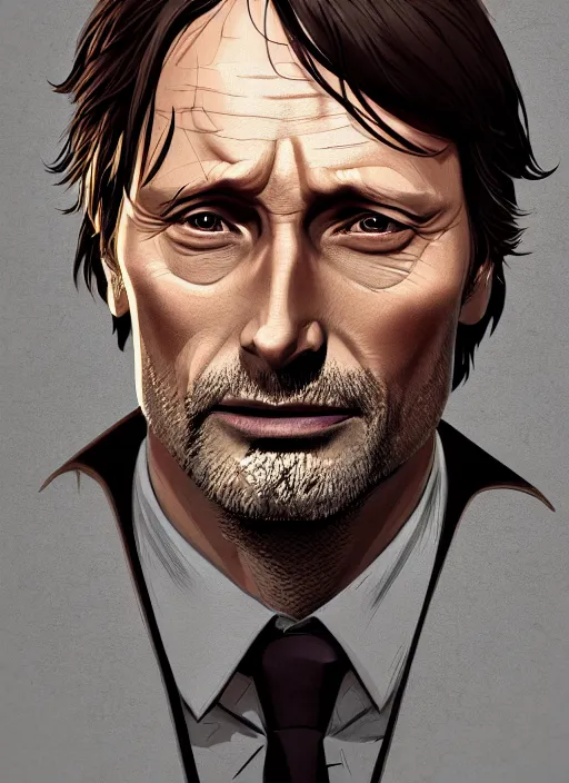 Image similar to portrait of mads mikkelsen, artstation, detailed cartoon, elegant, digital painting, concept art, smooth, sharp focus, illustration, ghibli, makoto shinkai, don bluth, fujita goro, jean giraud, akihiko yoshida, tom whalen 8 k