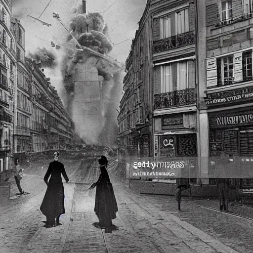 Image similar to a typical Parisian street of the future, in the foreground a man and a woman from behind, in the back at the bottom of the street a spaceship destroying buildings, war photo style, multiple details