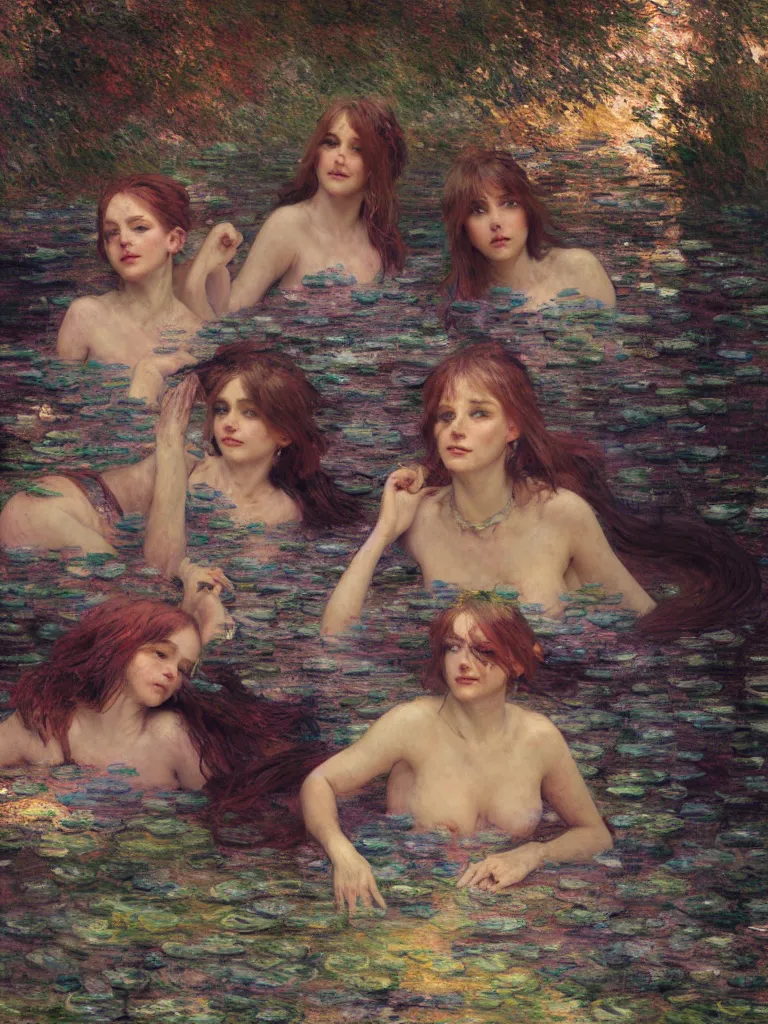 Image similar to illustration studio portrait of three dark beautiful mermaids female energy in artistic poses in the river at the forest, monet painterly motives and textures pattern, hyper detailed, octane render, vivid colors, artstation, by jeremy mann, by alphonse mucha, by monet