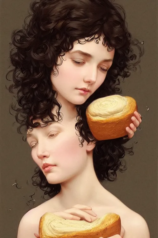 Image similar to beautiful cottagecore of a girl with short black curly hair, round face, cute face, holding a loaf of bread. intricate, elegant. highly detailed, digital painting, artstation, concept art, smooth, sharp, focus, illustration. . art by artgerm and greg rutkowski and alphonse mucha