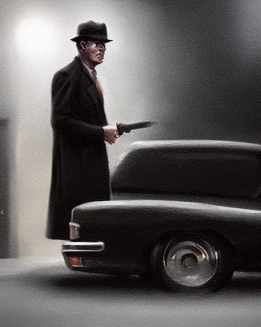 Image similar to Hyper realistic oil painting of a noir detective in his car, hyper detailed, gloomy, moody lighting, by greg rutkowski, trending on artstation