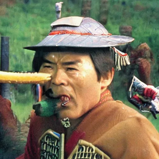 Image similar to a samurai eating a delicious hot dog, scene from Kagemusha, 1980, movie still, cinematic,