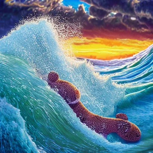 Prompt: a closeup photorealistic illustration of a cute knitted tiger hippopotamus riding a large wave during sunset. surf in the background. detailed stitching. professional capture. brightly lit scene. this 4 k hd image is trending on artstation, featured on behance, well - rendered, extra crisp, features intricate detail, epic composition and the style of unreal engine.