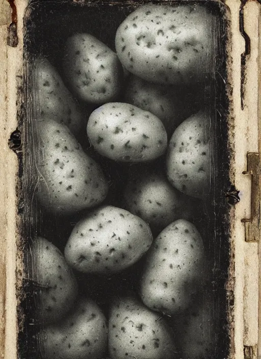 Image similar to old wetplate daguerreotype potato eaters by van gogh, fractal, intricate, elegant, highly detailed, parallax, leica, medium format, subsurface scattering, by jheronimus bosch and greg rutkowski and louis jacques mande daguerre