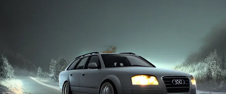 Image similar to Audi A4 B6 Avant (2002), a gritty neo-noir, dramatic bright lighting, cinematic, establishing shot, extremely high detail, photorealistic, cinematic lighting, artstation, by simon stalenhag, Snowy italian road, Alps, At night, Poets of the Fall - Late Goodbye