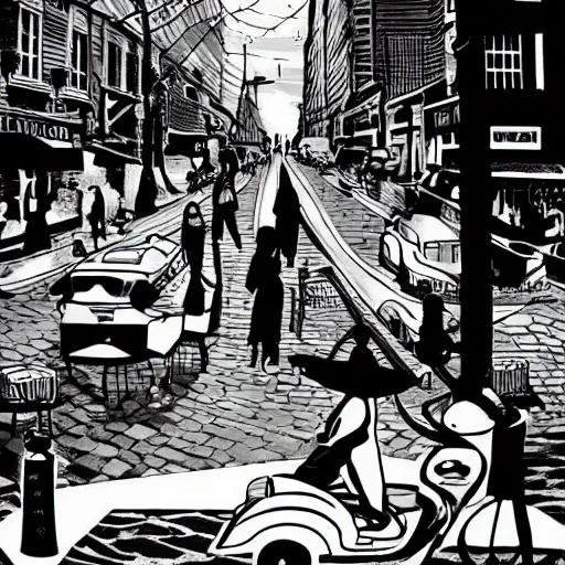 Prompt: noon, hipsters drinking coffee in the streets, in the style of james jean, film noir, deep dark black