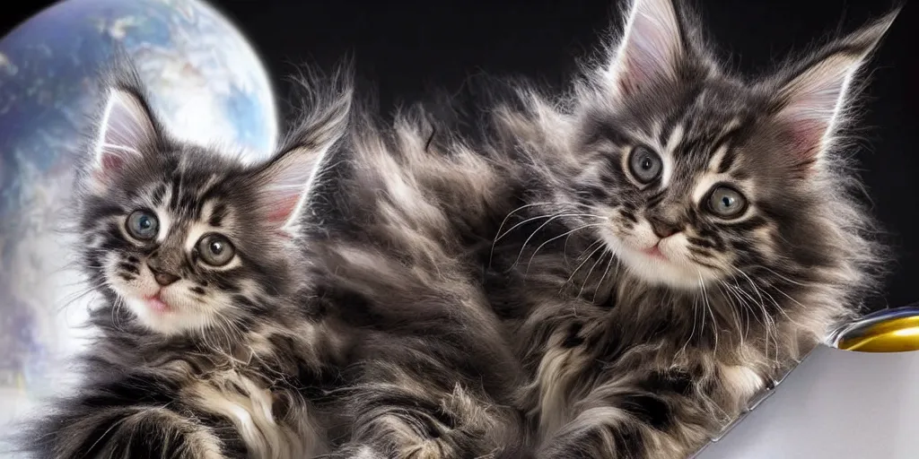 Image similar to a 3 d rendered movie still maine coon kitten descendant 1 million in the future. kitten wears a spacesuit, and explores cosmos in a space ship with a cat tree. science fiction blockbuster movie kittens rule the world or what's on tv? kittens!, dramatic lighting, imax 7 0 mm. buzz lightyear