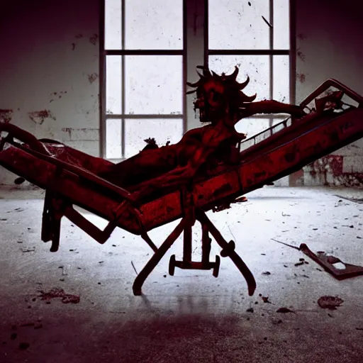 Image similar to photo of a demon strapped to a rusty old hospital bed in an abandoned hospital, real life photography, horror, biological photo, fullbody, dynamic lighting, beautiful, scary