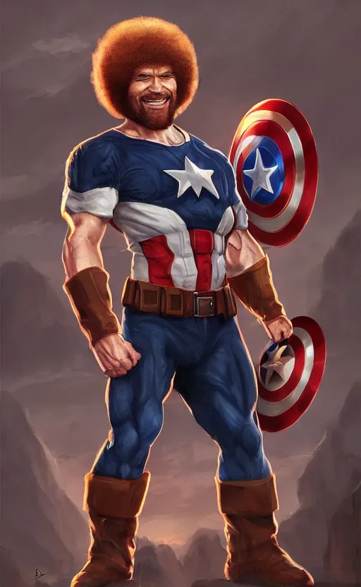 Image similar to bob ross as captain america, dynamic lighting, cinematic, ultra detailed, trending on art station, stunning visuals, creative, fantasy concept art