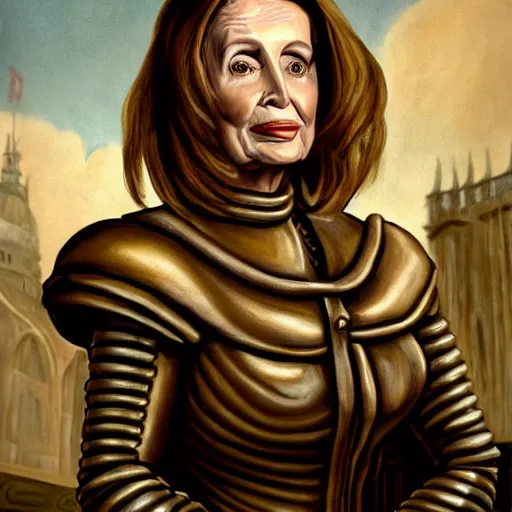 Image similar to painting of nancy pelosi standing in front of 1 6 th century backdrop. she looks like vigo the carpathian wearing armor. patina on armor. she ominously stares forward. she looks like a brutal warlord. hand on hip, arm resting on large stone. sepia toned. dramatic lighting. painting by lou police for ghostbusters 2.