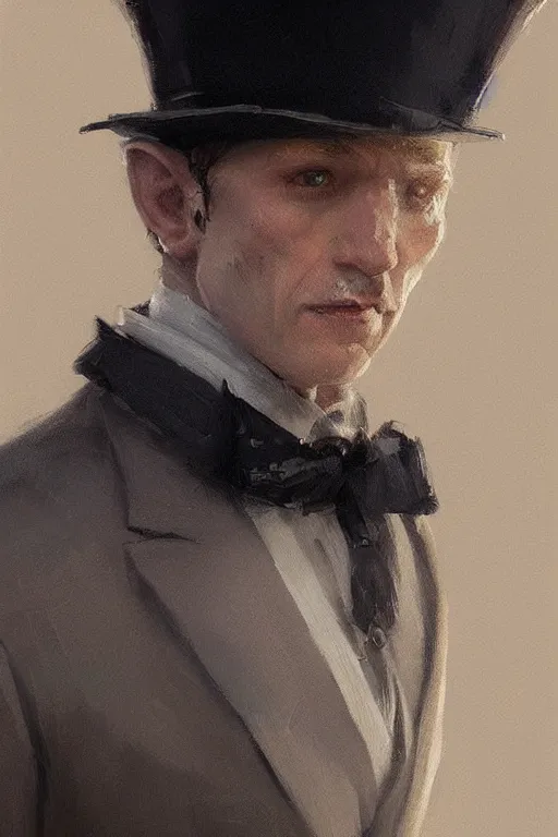 Prompt: a halfling grey hair with stubble top hat and suit by Greg Rutkowski, painting, portrait, high details, trending on artstation