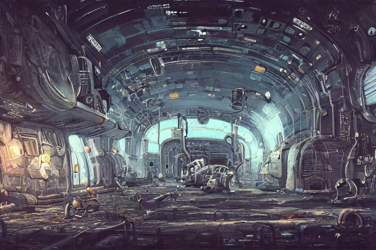 Prompt: A beautiful painting of inside of old abandoned space station with shiny metal pipes in machinarium by yann souetre, Trending on artstation.