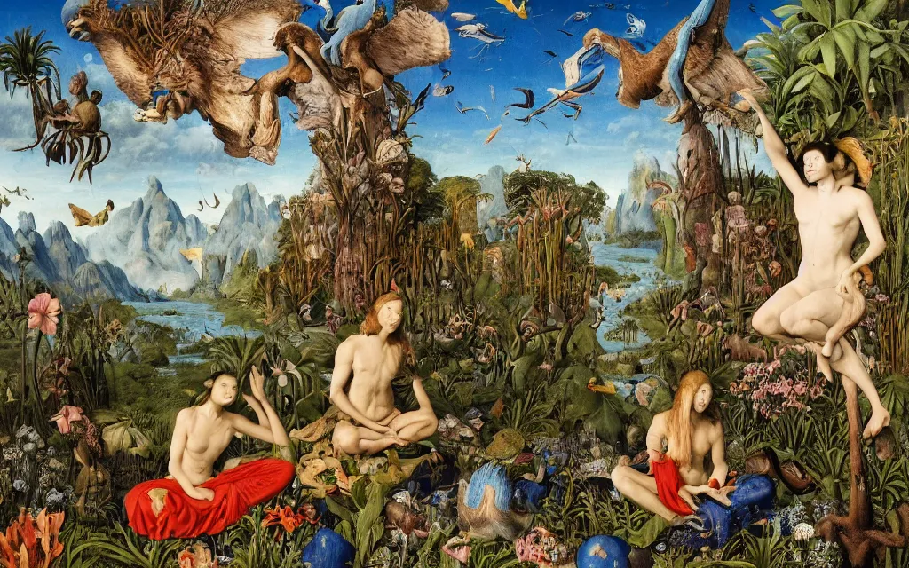 Image similar to a portrait photograph of a meditating harpy and a centaur king feeding tropical animals at a wide river delta. surrounded by bulbous flowers, animals, trees and mushrooms. mountain range under a vast blue sky of burning stars. painted by jan van eyck, max ernst, ernst haeckel and artgerm, cgsociety, artstation, fashion editorial