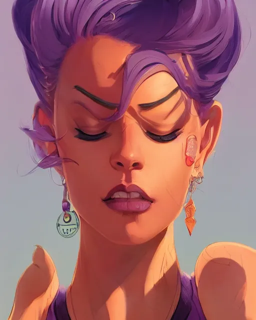 Prompt: beautiful camel purple hair tattoos symmetrical face eyes full body fantasy art icon, 3 d art gta 5 cover, official fanart behance hd artstation by jesper ejsing, by rhads, makoto shinkai and lois van baarle, ilya kuvshinov, rossdraws