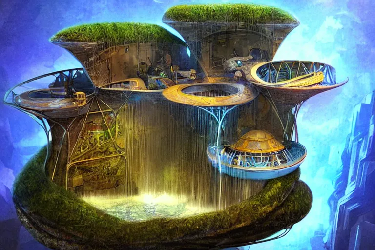 Image similar to favela bunker spaceship coaster hive, art nouveau waterfall environment, industrial factory, whimsical, award winning art, epic dreamlike fantasy landscape, ultra realistic,