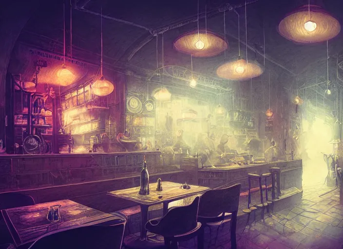 Prompt: illustrated steampunk cafe interior, colorful, mads berg, karolis strautniekas, christopher balaskas, stippled light, low fog, moody, fine texture, editorial illustration, dramatic lighting, dynamic composition, detailed, matte print, muted color, ( ( victo ngai ) ), wide angle