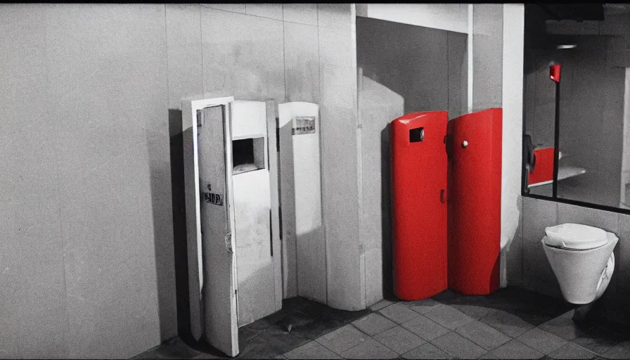 Image similar to 60s movie still of public toilets with one man cover in blood, cinestill 800t 50mm eastmancolor, liminal Space style, heavy grain-s 150