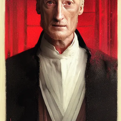 Image similar to portrait of a man by greg rutkowski, he looks like charles dance, star wars expanded universe, he is about 7 0 years old, wearing white and red chancellor clothes of the galactic triunvirate.