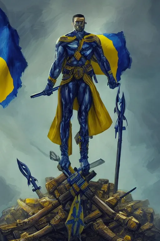 Image similar to a distant shot of a Ukrainian super soldier with blue and yellow flag behind him and a trident symbol on the chest standing alone on a huge pile of skulls posing as a winner in a beam of light from the cloudy sky, masculine muscular figure, D&D, fantasy, intricate, elegant, highly detailed, extremely detailed, digital painting, artstation, concept art, matte, smooth, hyper realistic, sharp focus, illustration, art by Artgerm and Greg Rutkowski and Alphonse Mucha