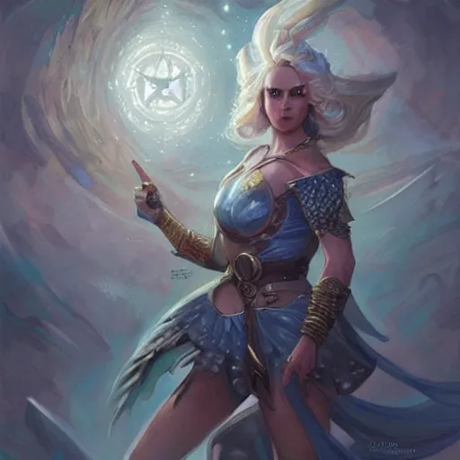 Image similar to star goddess, d & d, fantasy, portrait, highly detailed, digital painting, trending on artstation, concept art, sharp focus, illustration, art by artgerm and greg rutkowski and magali villeneuve