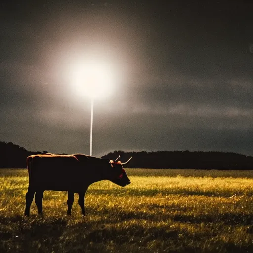 Image similar to a cow flying at night, flashlight, creepy, cinematic dramatic atmosphere, smooth, sharp focus, cinematic shot, movie scene, horror movie