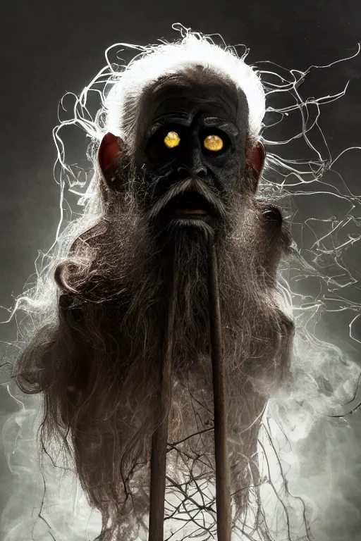 Image similar to full body shot of hanging old asian man with long beard, his head covered in roots, full face occult silver mask, bright multiple glowing eyes, holding a large carved wooden dark fractal stick, hanging upside down, thick smoke around him, in the burning soil desert, cinematic shot, wide angle, dark desert background, volumetric lighting by Denis Villeneuve, Lubezki, Gaspar Noe, Christopher Doyle and Alejandro Jodorowsky, anamorphic lens, anamorphic lens flares, kodakchrome, cinematic composition, practical effects, award winning photo, 8k