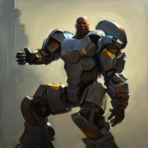 Image similar to greg manchess portrait painting of fully armored bionic augmented the foundation aka dwayne the rock as overwatch character, medium shot, asymmetrical, profile picture, organic painting, sunny day, matte painting, bold shapes, hard edges, street art, trending on artstation, by huang guangjian, gil elvgren, ruan jia, greg rutkowski, gaston bussiere