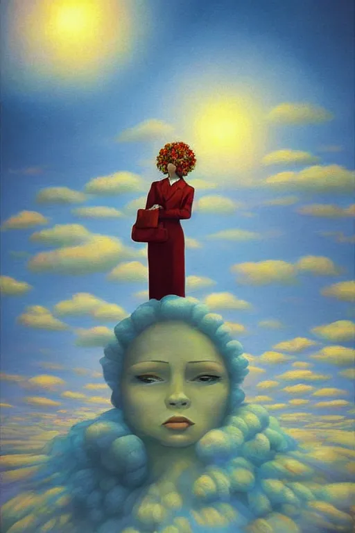 Image similar to closeup, giant flower head, woman in suit, clouds in sky, surreal, impressionist painting, digital painting, artstation, rob gonsalves