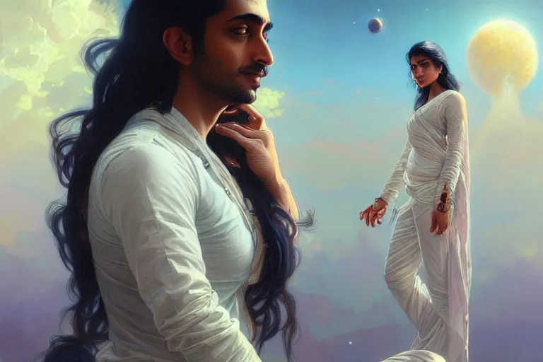 Image similar to Sensual good looking pale young Indian doctors wearing jeans in a space elevator above Earth, portrait, elegant, intricate, digital painting, artstation, concept art, smooth, sharp focus, illustration, art by artgerm and greg rutkowski and alphonse mucha