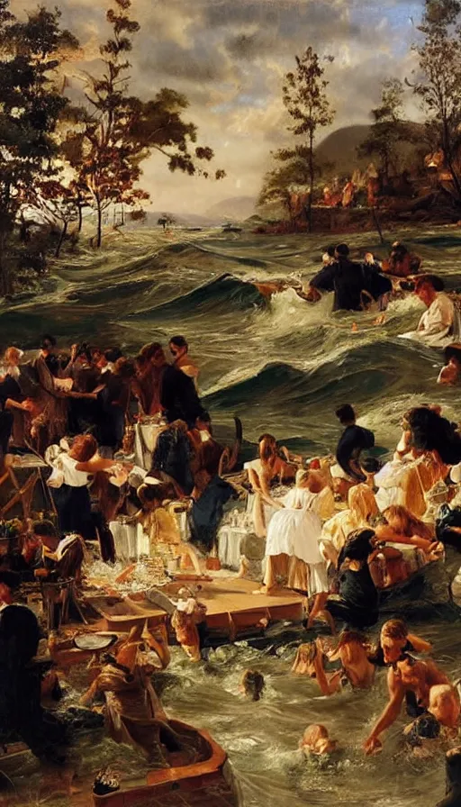 Image similar to still life painting of midsummer party getting flooded by tsunami, by Peder Krøyer, golden hour, dramatic lighting, epic, gargantuan, intricate detail, canvas print