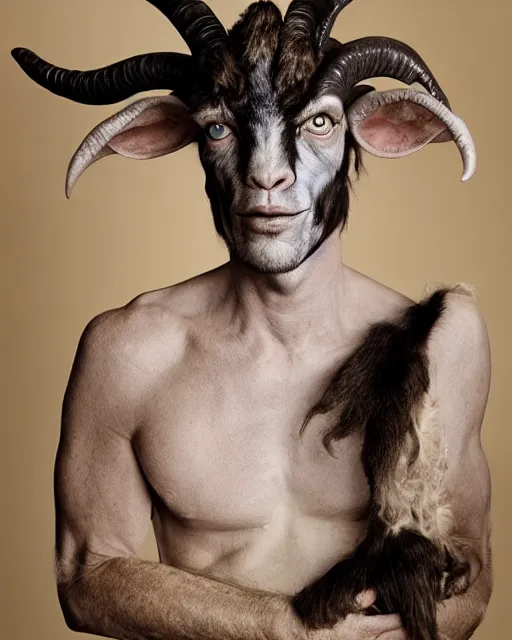 Image similar to actor Mick Jagger in Elaborate Pan Satyr Goat Man Makeup and prosthetics with large goat ears designed by Rick Baker, Hyperreal, Head Shots Photographed in the Style of Annie Leibovitz, Studio Lighting