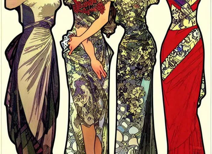 Prompt: 4 elegant full length daredevil comic dress designs with natural history prints designed by alphonso mucha