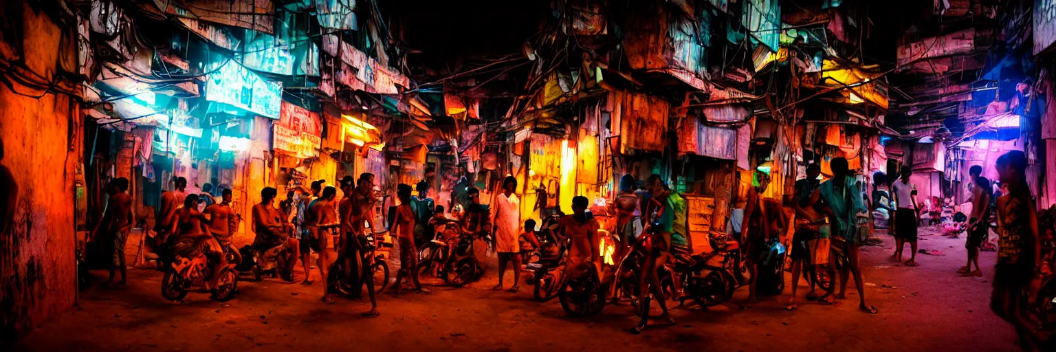 Image similar to Cyberpunk Slums Mafia gangs , futuristic Phnom-Penh Cambodia, neon dark lighting