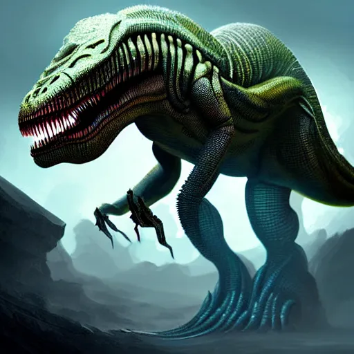 Image similar to ophidien alien taking the form of a t-rex, digital art, sco-fi art, matte painting, award-winning