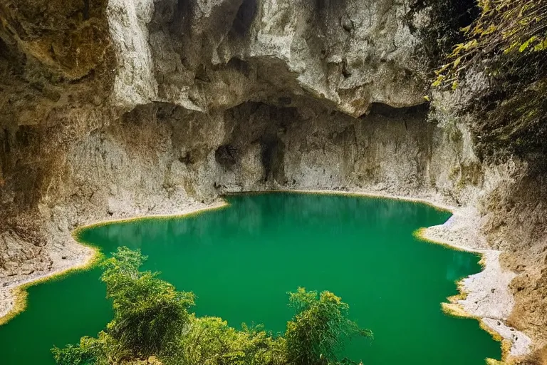 Prompt: an emerald cave inside which is a transparent lake at the bottom of which are sparkling diamonds, and on the shore of the lake are gold nuggets