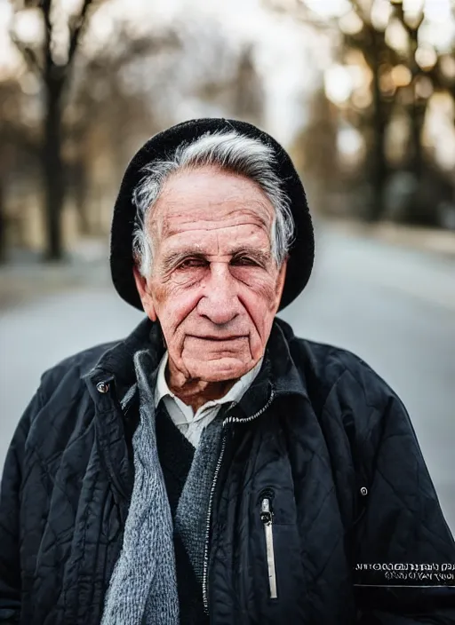 Prompt: a personal close up portrait of a 8 1 year old man from switzerland, his hair is brown and short, his eyes are green, his face is symmetric and friendly, he's proud to be where he is in life, black jacket, ambient light, beautiful composition, magazine photography, full frame, 5 0 mm, f 1. 8
