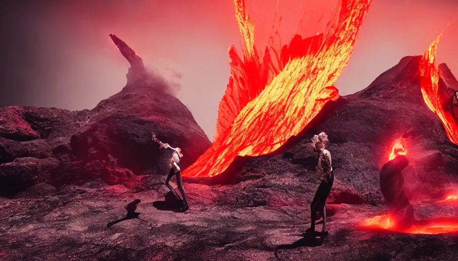 Image similar to A fashion Catwalk on a active volcano spewing lava, Fashion Photography, Octane, Redshift, High Detail