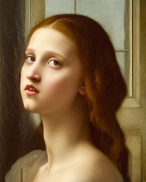 Image similar to a window - lit realistic portrait painting of an open - mouthed girl resembling a young, shy, redheaded alicia vikander or millie bobby brown, lit by a window at the side, highly detailed, intricate, by leonardo davinci, bouguereau, and boticelli